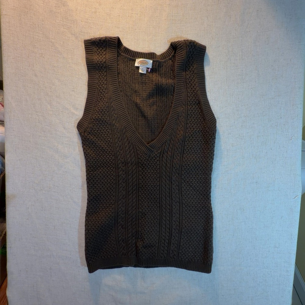 Talbots Cable Knit Sweater Vest V-Neck Brown Cotton Cashmere Women's Size Large